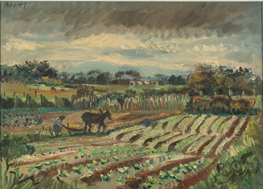 John PERCEVAL Born: Bruce Rock, Western Australia, Australia,1923; Died: 2000 Oakleigh vegetable garden 1947 oil on canvas on composition board, 47 x 67.1 cm Benalla Art Gallery Collection Ledger Gift, 1978 1978.06 © Estate of John Perceval/ Copyright Agency 2019