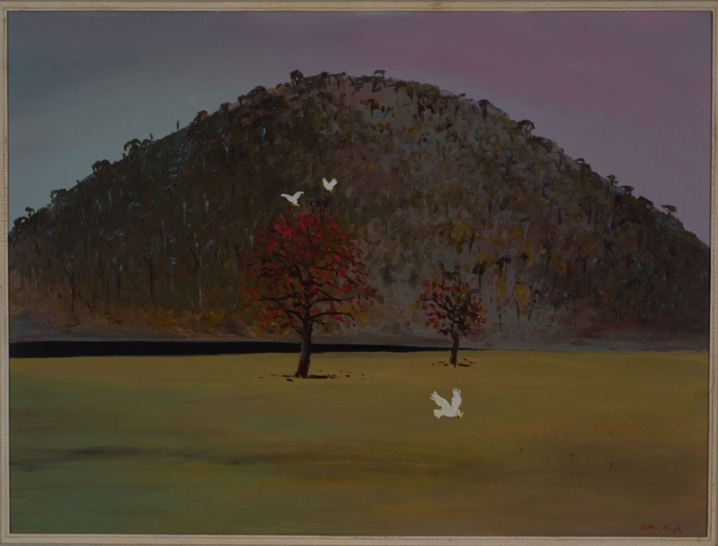 Arthur BOYD Born: Murrumbeena, Victoria, Australia 1920; Died: 1999 Riversdale Hill, with Flame Trees not dated oil on composition board, 91.7 x 122.4cm [board] Benalla Art Gallery Collection Gift of C.J.R. Ansett in memory of his wife Nancy, 1984 1984.42 © Bundanon Trust https://www.bundanon.com.au/