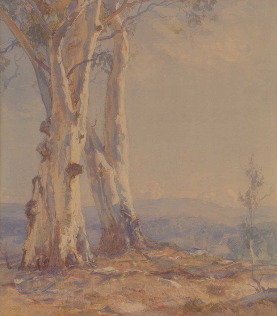 Hans HEYSEN Born: Hamburg, Germany 1877; Arrived Adelaide 1883; Died:1968 Misty morn 1912 watercolour, 37.5 x 31.5 cm Benalla Art Gallery Collection Ledger Bequest, 1993 1993.083 © Estate of Hans Heysen/ Copyright Agency 2019