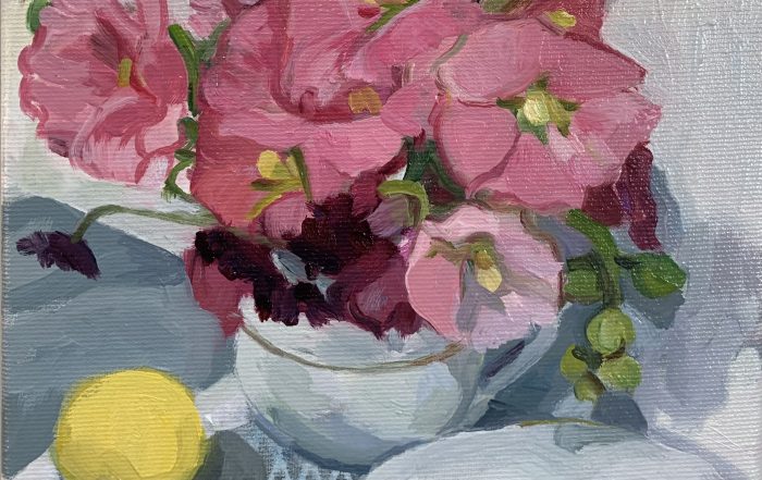 Pink Hollyhocks with Lemon, 2024, Oil on Canvas, 20 x 20cm