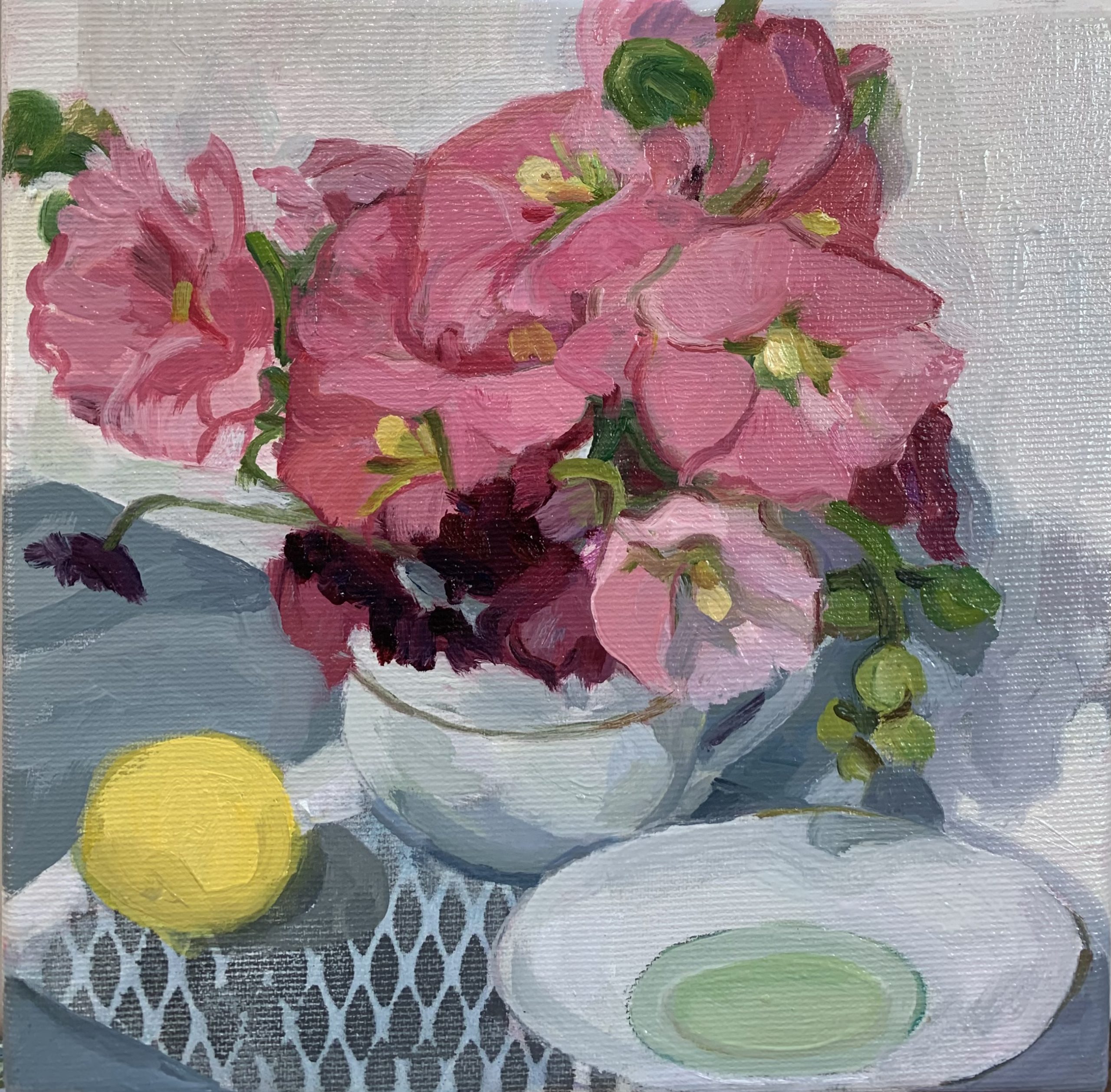 Pink Hollyhocks with Lemon, 2024, Oil on Canvas, 20 x 20cm Pink Hollyhocks with Lemon, 2024, Oil on Canvas, 20 x 20cm