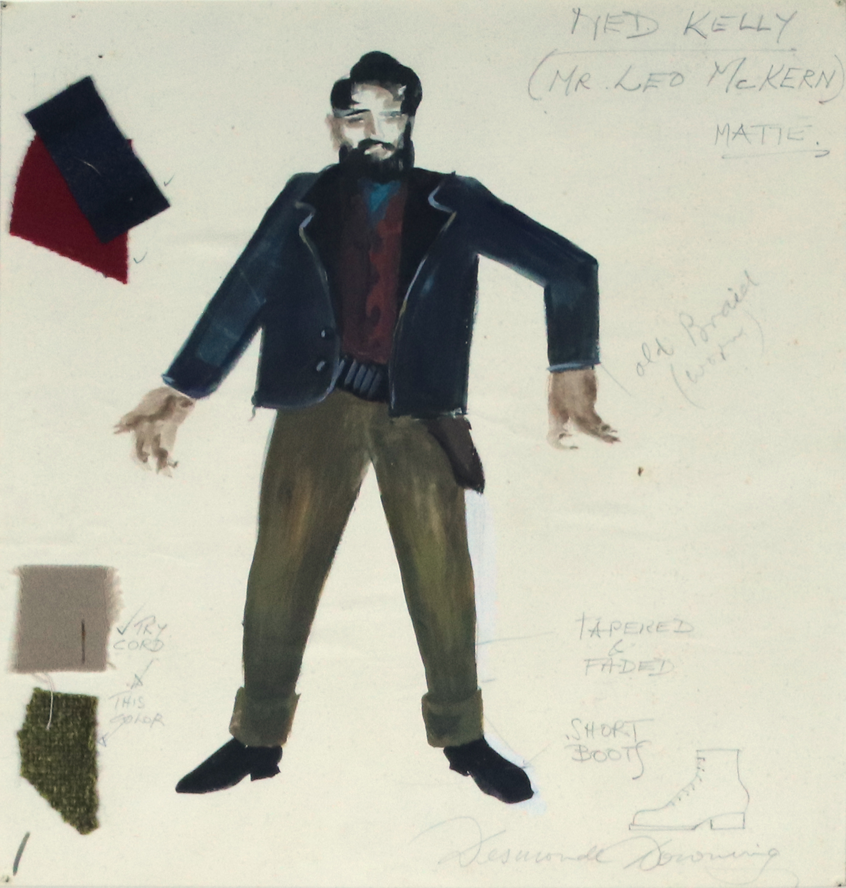 Desmonde DOWNING Born: Neutral Bay, New South Wales, Australia 1920; Lived and worked: London, England 1962-1963; Died: Manly, New South Wales, Australia 1975 'Ned Kelly as Bushranger' 1956 watercolour, pencil, fabric on paper on cardboard 29.0 x 27.0 cm [sheet]; 51.6 x 43.8 cm [frame] Gift of the Visual Arts Board Contemporary Art Collection, Australia Council, 1984 1984.12 Benalla Art Gallery Collection