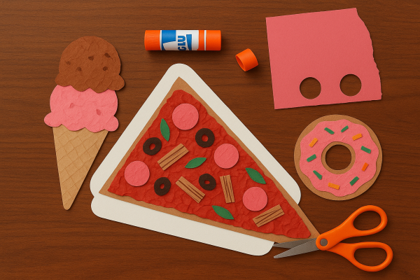 An ice cream, pizza and donut created out of paper and collage materials, scissors and glue.