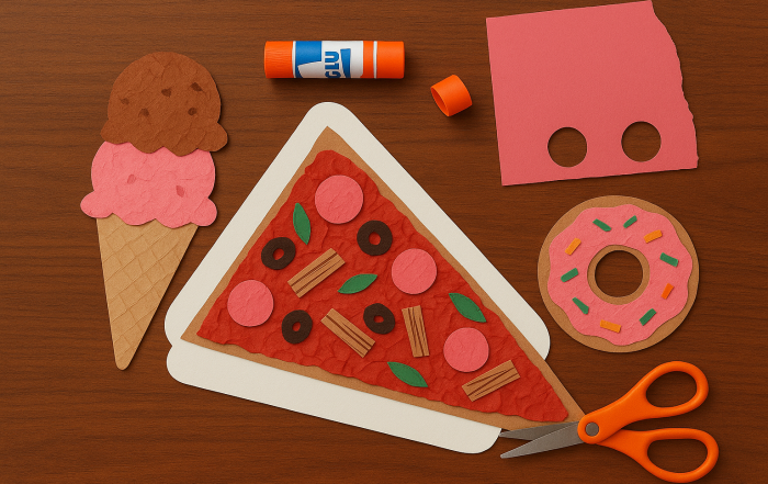 An ice cream, pizza and donut created out of paper and collage materials, scissors and glue.