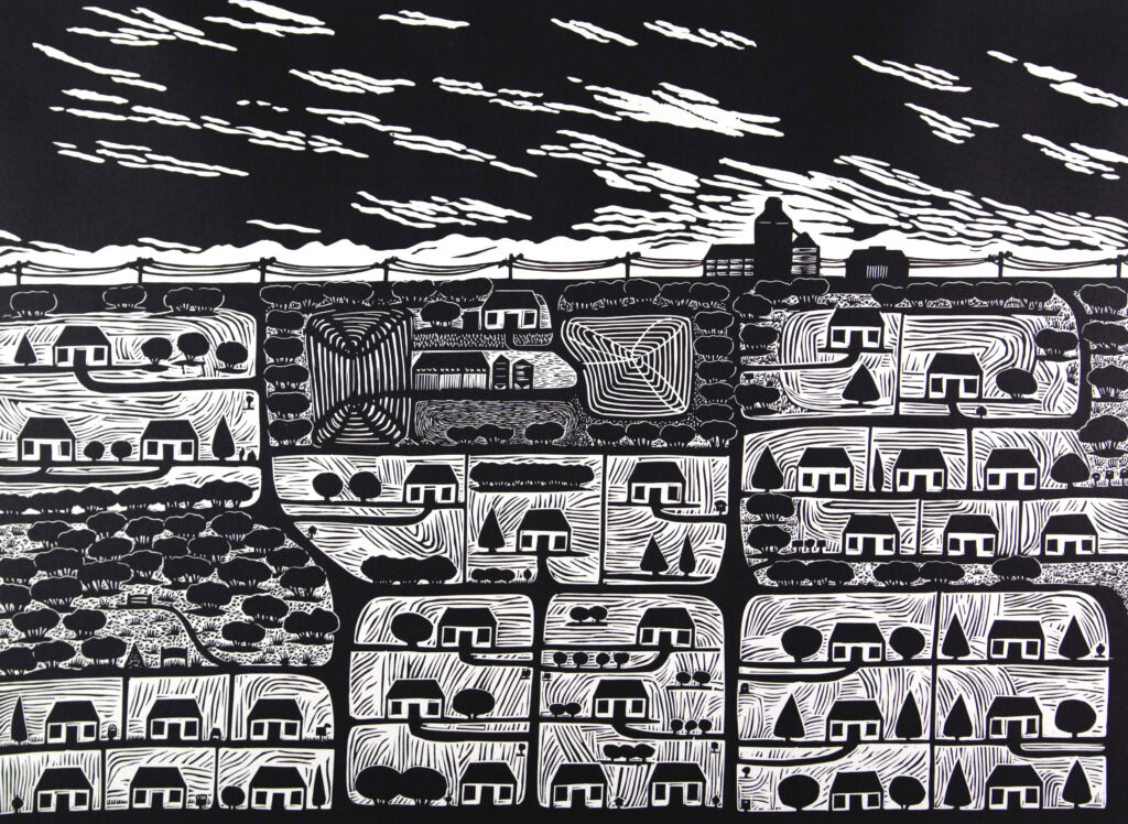 Anita Laurence, 'Karawinnaville' linocut on 100% cotton paper 58 x 79 cm [image] 78 x 100 cm [sheet]