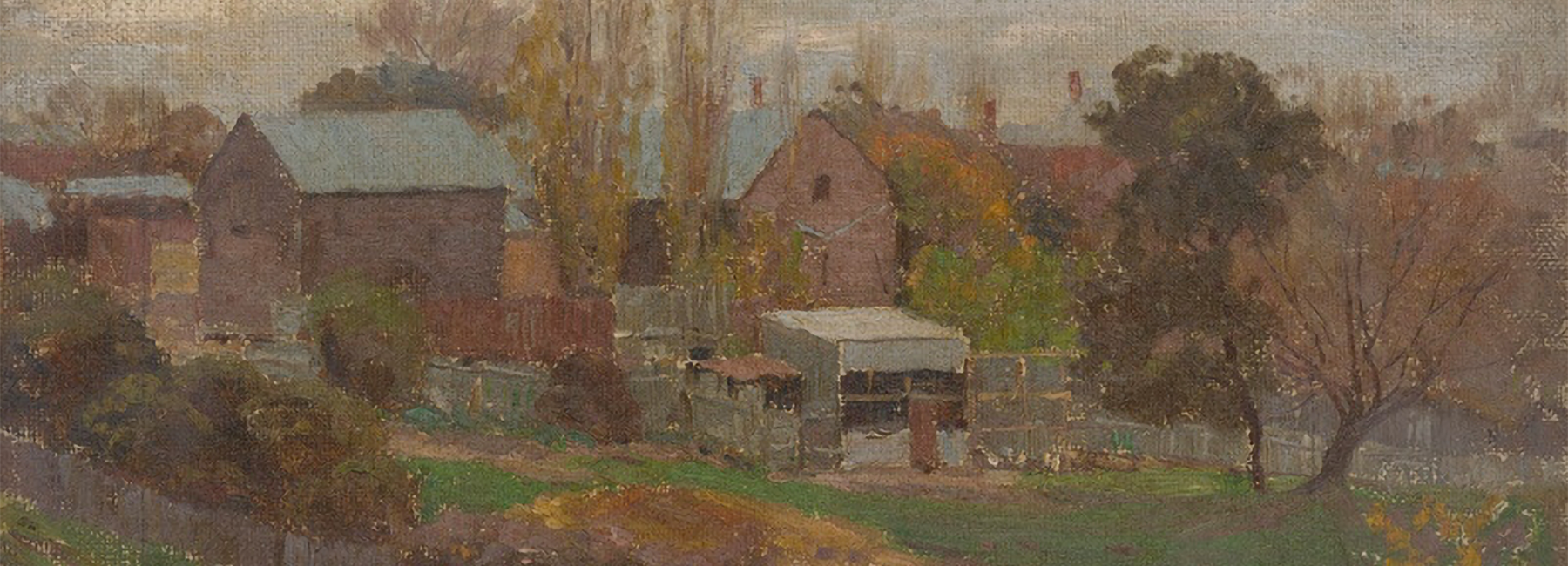 Percy Lindsay 'Tate's corner, Creswick' c. 1885 - 1952, oil on canvas on board, 24.8 x 31.9 cm [board]; 38.0 x 44.9 cm [frame]. Ledger Gift, 1975. 1975.07. Benalla Art Gallery Collection