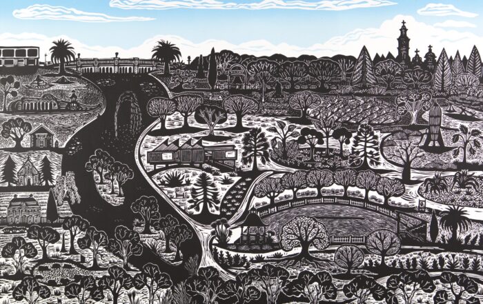 Meeting Place linocut 60x84cm image 78x102cm paper