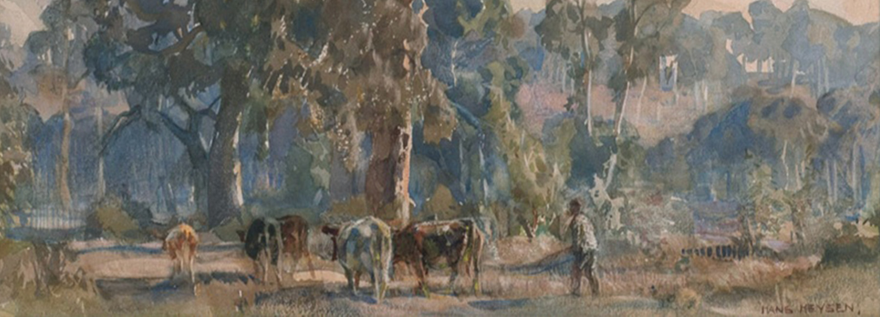 Hans HEYSEN Landscape [detail] n.d. watercolour 32.5 x 39.0 cm [image]; 65.5 x 72.5 cm [frame] Ledger Gift, 1975 1975.05 Benalla Art Gallery Collection
