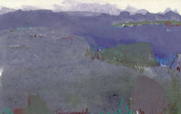 Nick Baylart 'Wet dusk drive on the Hume' 2025 synthetic polymer, kōzo, watercolour, and pastel on paper 23.5 x 19 cm