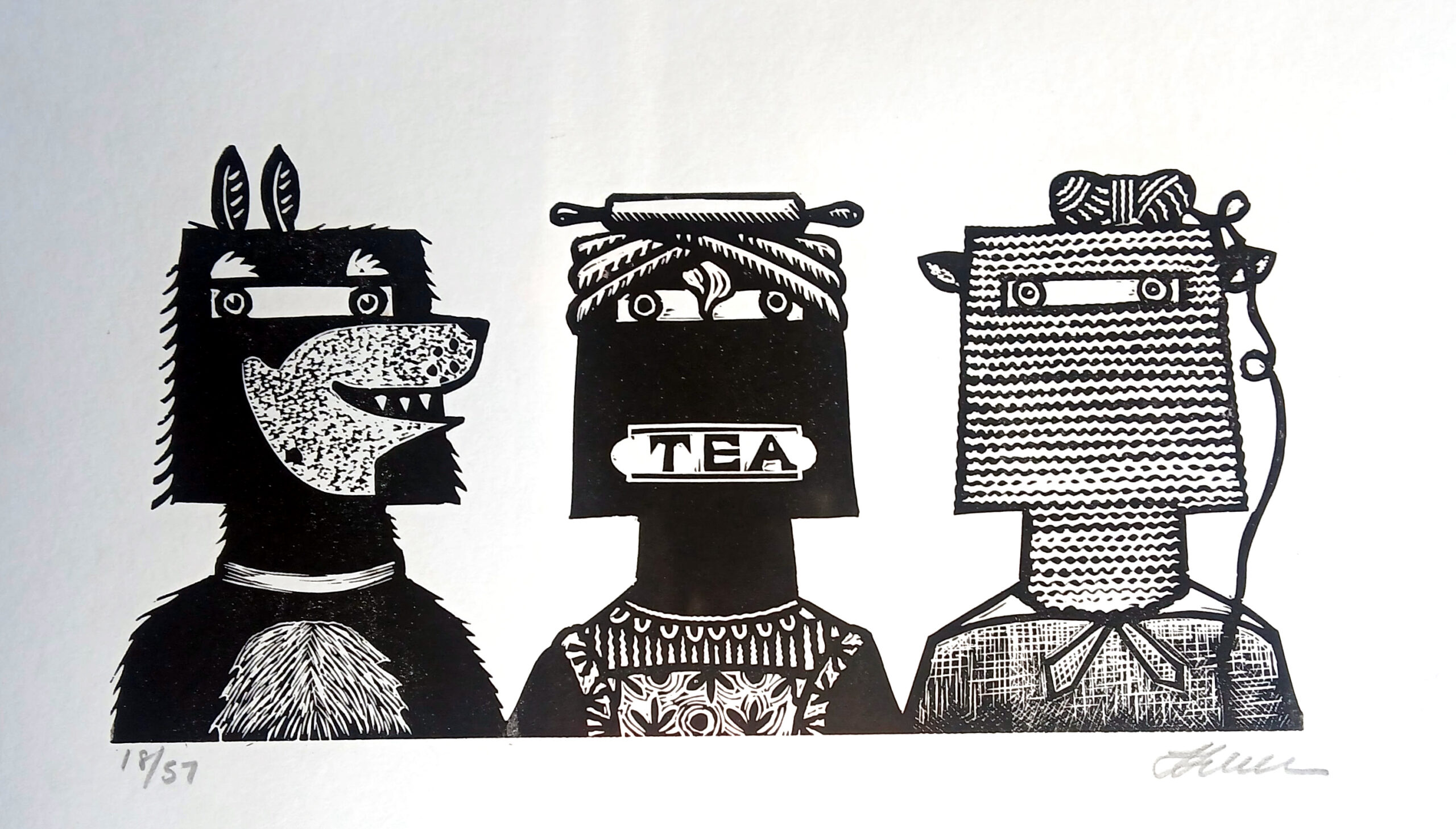 Libby SCHREIBER, The Myth, the Menace and the mundane, linocut on paper